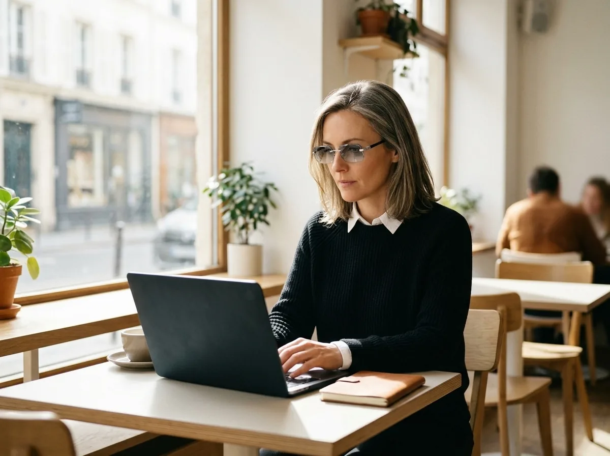 Professional wearing BlueLume Glasses working near sunny window